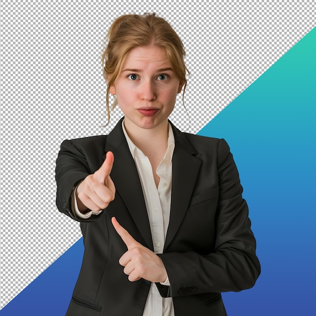 PSD white business woman pointing finger straight