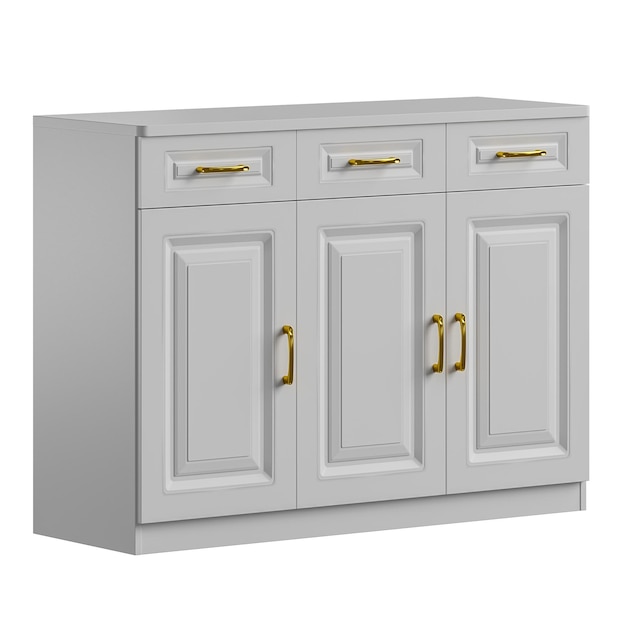 PSD a white cabinet with three drawers and gold handles the cabinet is made of wood and has a simple design