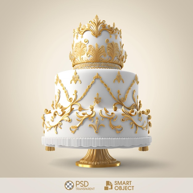 PSD a white cake with gold trim and gold trim and a gold decoration.