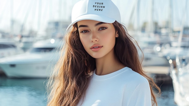 PSD white cap mockup with beautiful girl