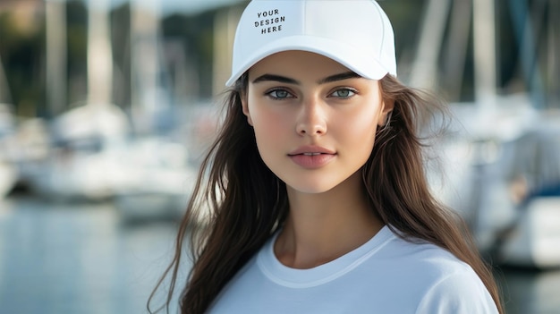 PSD white cap mockup with beautiful girl