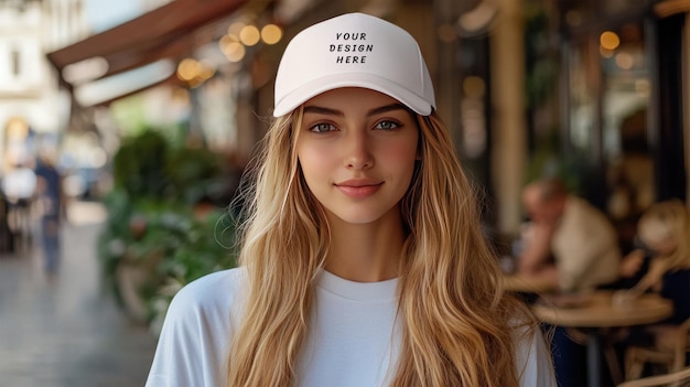 White cap mockup with female model