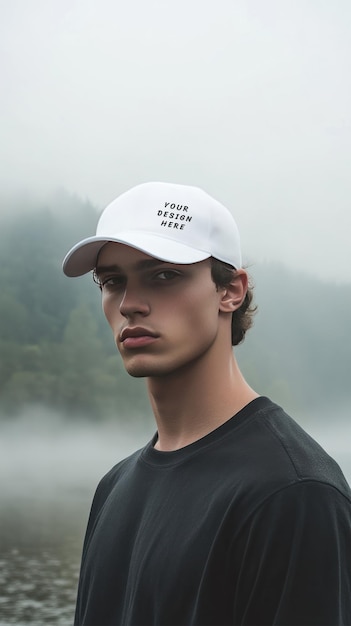 PSD white cap mockup with male model