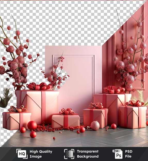 white card with gifts and christmas decorations mockup on a pink wall