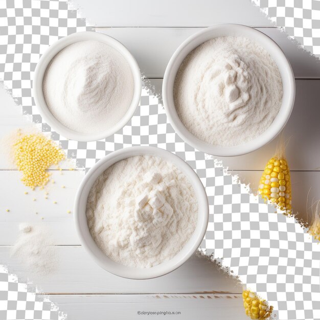 White ceramic bowl isolated transparent background wood containing corn flour seen from above