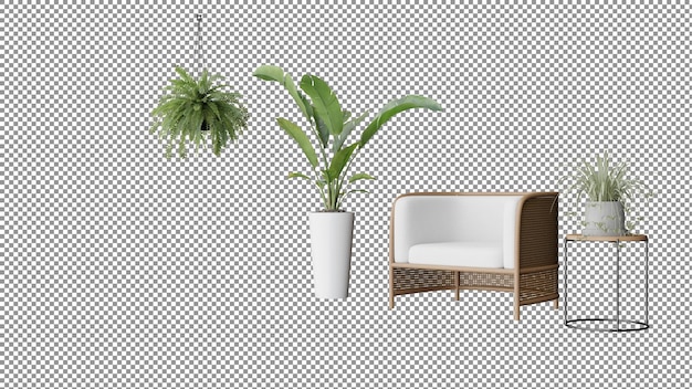 a white chair and a plant in a white vase