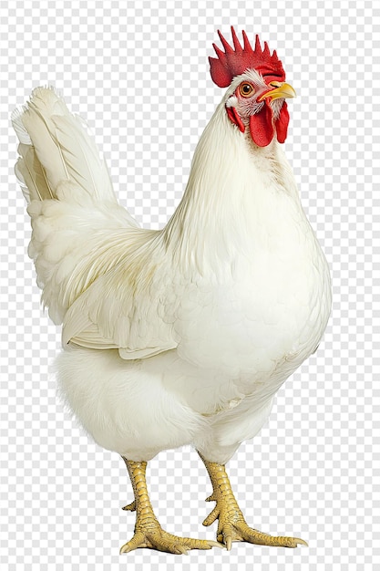 a white chicken with a red beak is standing on a white background