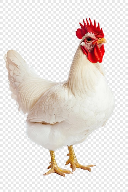 a white chicken with a red beak stands on a white background