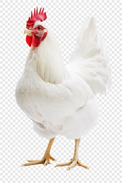 a white chicken with a red ribbon on its neck