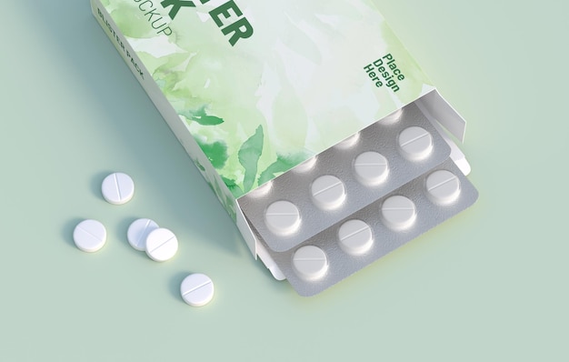 White circle pills in blister pack in cardbox packaging Mockup template 3d rendering