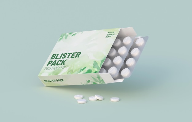 White circle pills in blister pack in cardbox packaging Mockup template 3d rendering