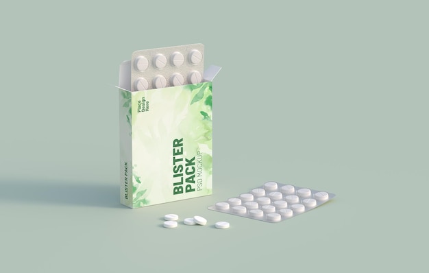 White circle pills in blister pack in cardbox packaging Mockup template 3d rendering