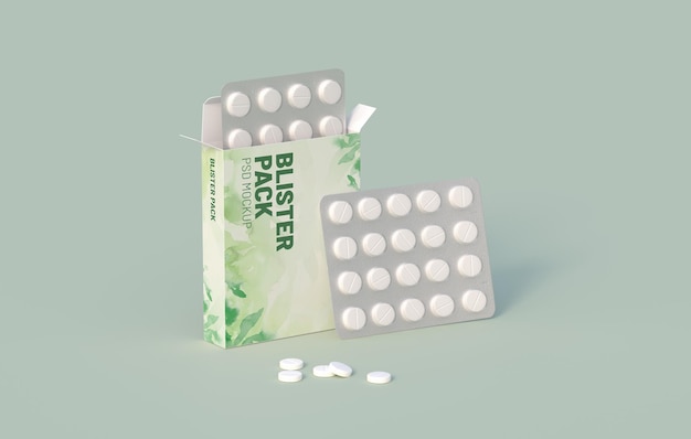 White circle pills in blister pack in cardbox packaging Mockup template 3d rendering