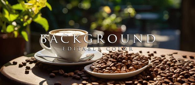 White coffee cup with roasted coffee beans on patio table and home yard plantation background