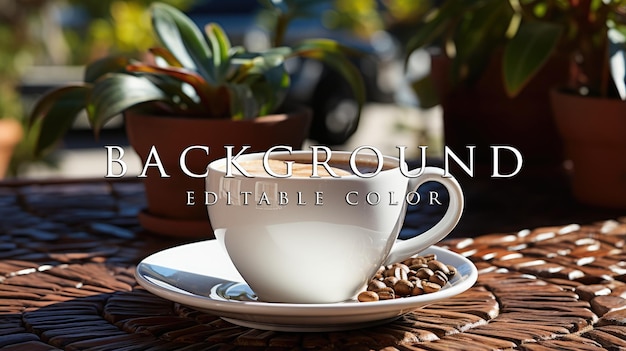 White coffee cup with roasted coffee beans on patio table and home yard plantation background