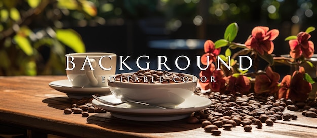 PSD white coffee cup with roasted coffee beans on patio table and home yard plantation background