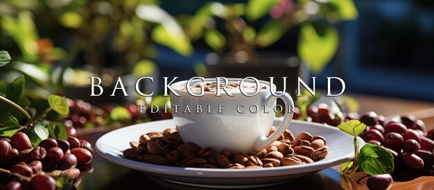 White coffee cup with roasted coffee beans on patio table and home yard plantation background