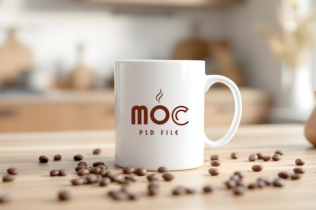 PSD white coffee mug mockup with logo printed