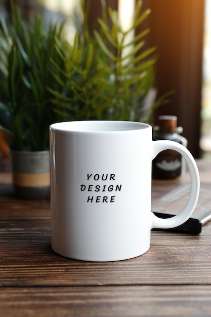 a white coffee mug with a black handle on a wooden table