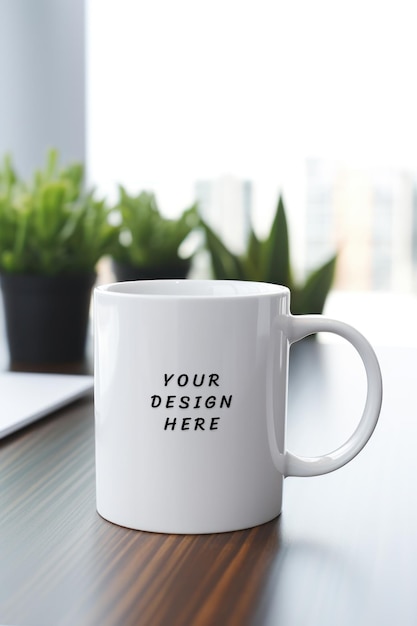 a white coffee mug with a plant on the side