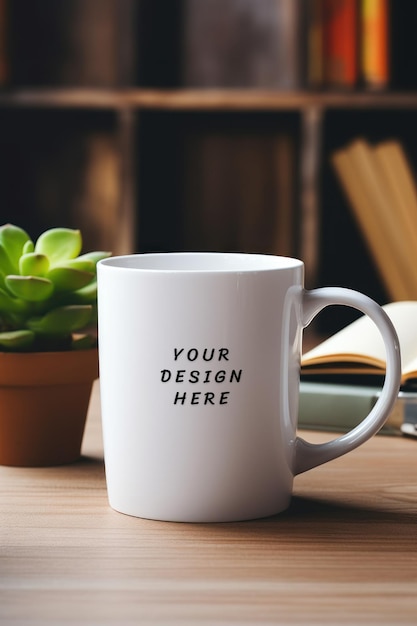 a white coffee mug with a plant on the side