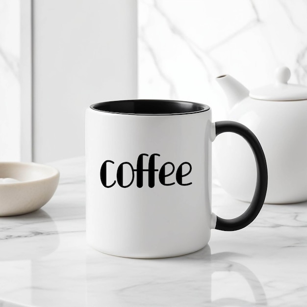 a white coffee mug with the word coffee on it