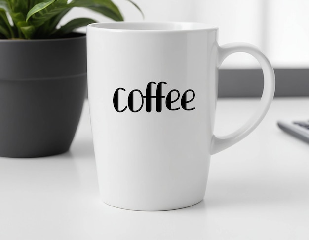 a white coffee mug with the word coffee on it