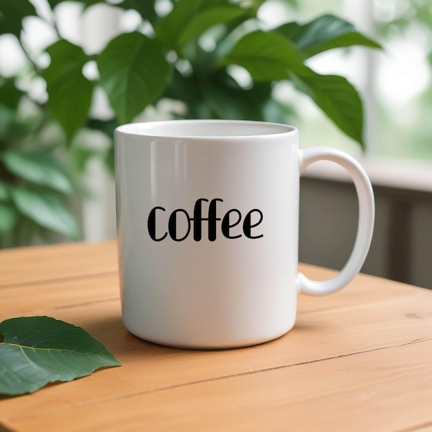 a white coffee mug with the word coffee on it