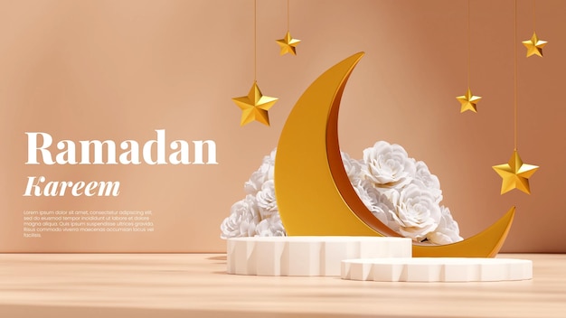 white color podium in landscape moon, stars and flower ramadan kareem, 3d render image blank mockup