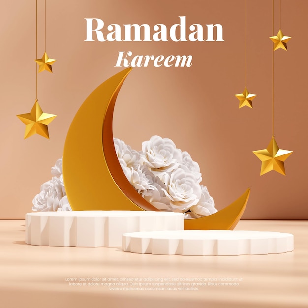 white color podium in square moon, stars and flower ramadan kareem, 3d render image blank mockup