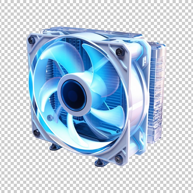 PSD a white computer cpu fan with a blue and transparent background