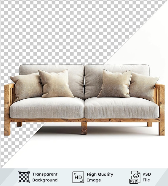 White couch with gray and white cushions wooden accents isolated on transparent background