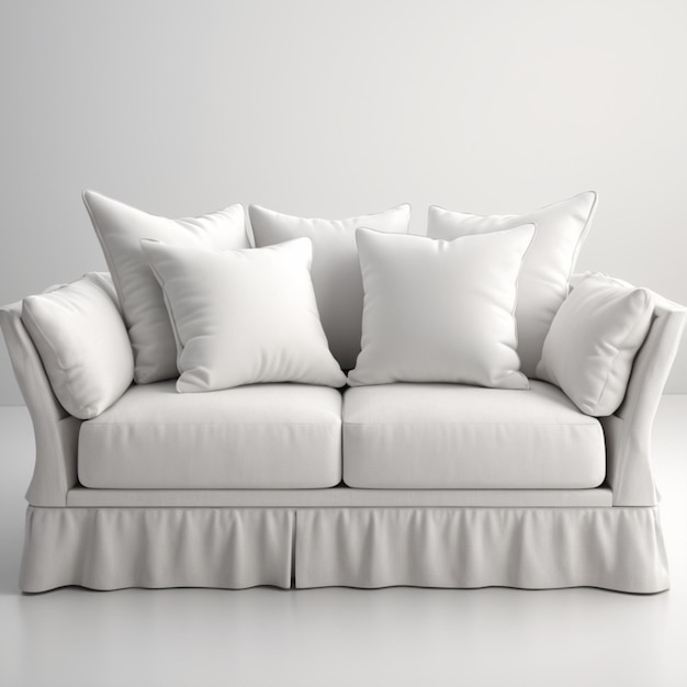 a white couch with several pillows on it and a white cloth draped over it