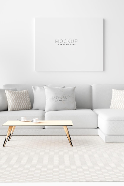 A white couch with a white wall that says'mockup'on it