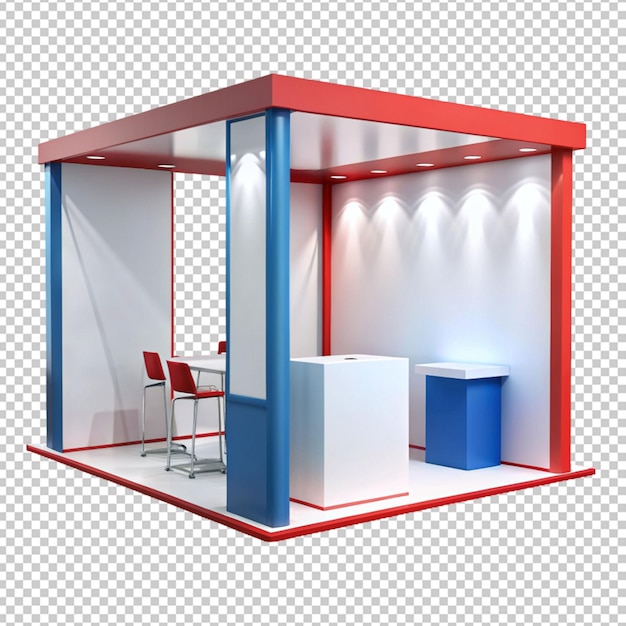 PSD white creative exhibition stand with blank flags and empty shelves realistic vector illustration