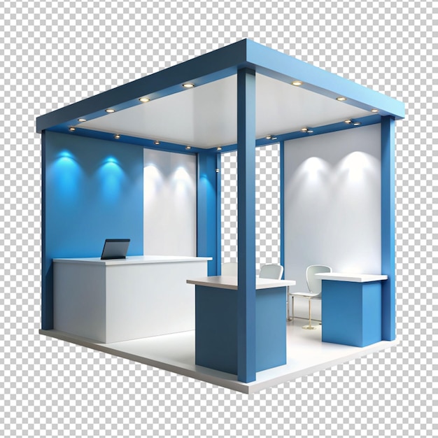 White creative exhibition stand with blank flags and empty shelves realistic vector illustration