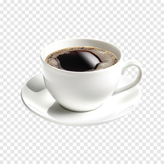 White cup and saucer of black coffee isolated on a transparent background