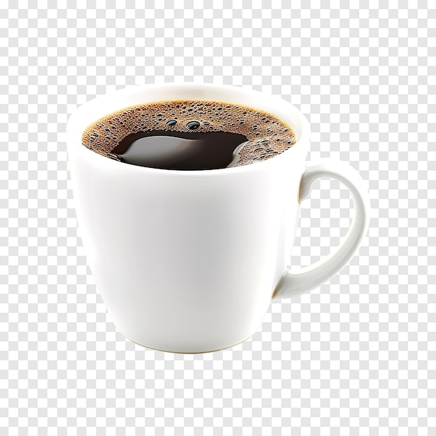 White cup and saucer of black coffee isolated on a transparent background