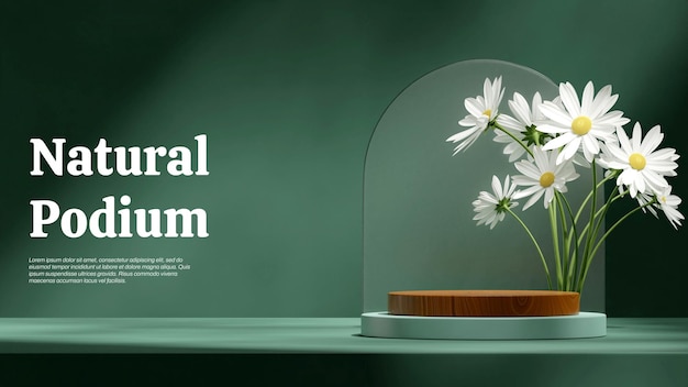 white daisy and glass arch 3d render blank mockup green and brown wall cylinder in landscape