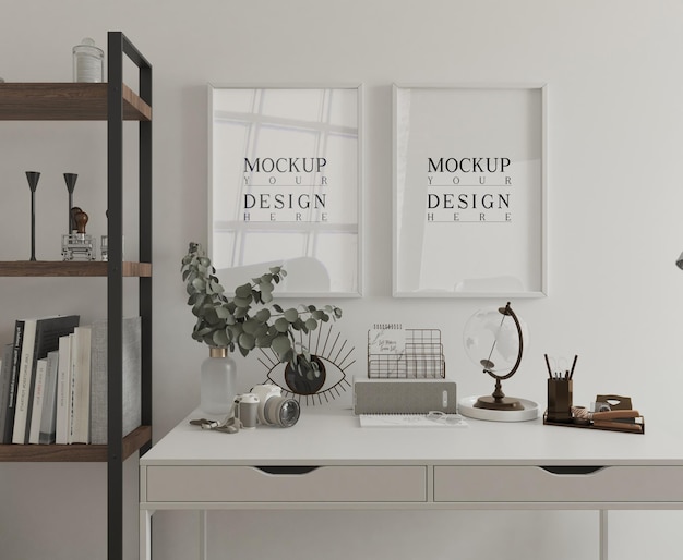 white desk with mockup poster framed 3d rendering