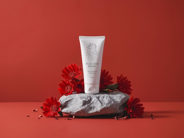 White facewash tube on a rock surrounded by blooming red flowers