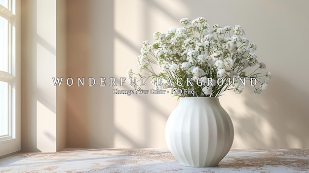 White Flowers in a White Vase Against a Neutral Background