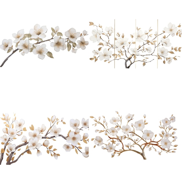 PSD white flowers with detailed layered petals and gold centers bloom on golden brown branches