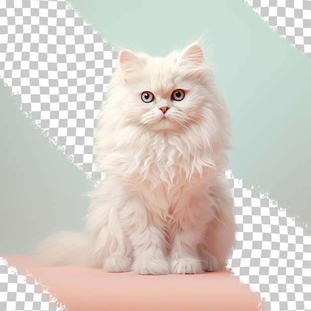 a white fluffy cat sits on a table with the words cat.