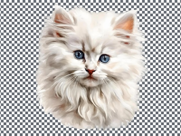 White fluffy cat with blue eyes and a red nose on transparent background