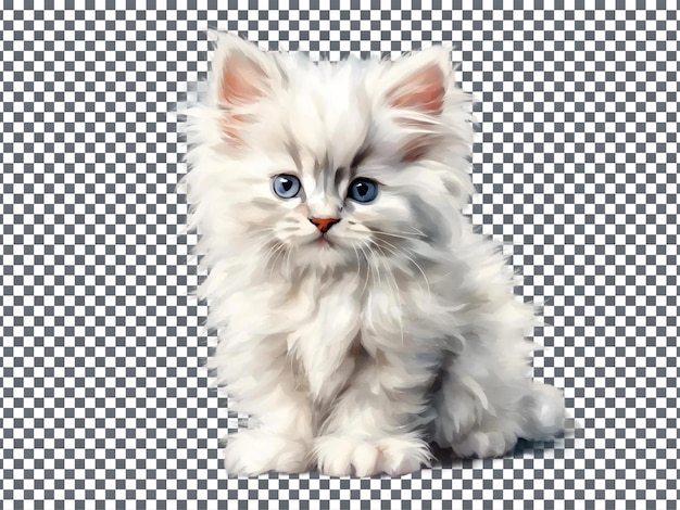 a white fluffy kitten sits on a black and white background