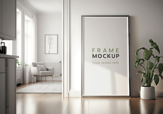 White frame placed in a bright modern interior Mockup