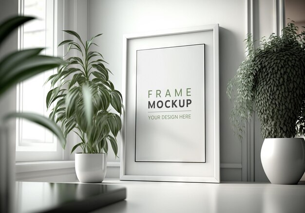 PSD white frame placed in a bright peaceful interior mockup