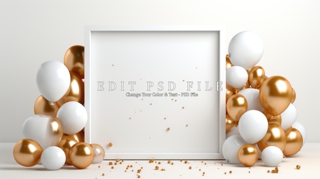 A white frame with balloons and gold glitter on it