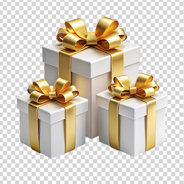 White gift box set with golden ribon bow Isolated on transparent background